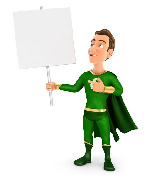 3D緑のヒーローは 空白の看板を保持し 孤立した白い背景を持つイラスト — ストック写真