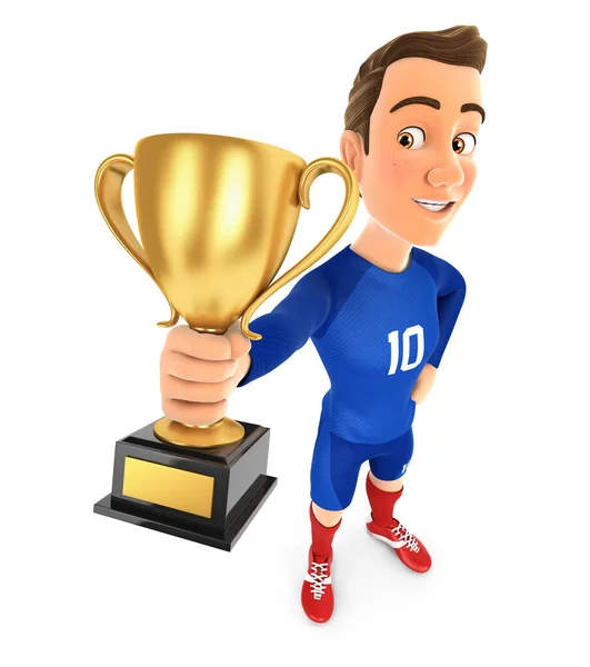 Fußballer Blaues Trikot Stehend Und Pokal Haltend Abbildung Mit Isoliertem — Stockfoto