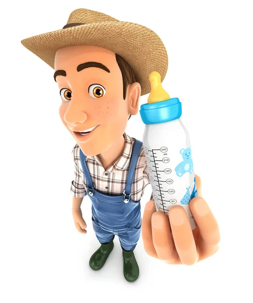 赤ちゃんの瓶を保持する3D農家 隔離された白い背景を持つイラスト — ストック写真