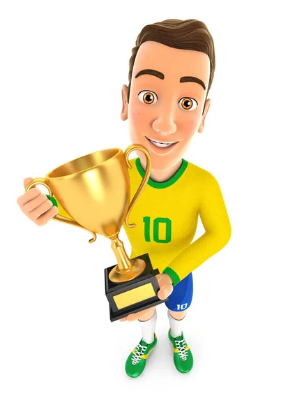 3Dサッカー選手黄色ジャージー立って金トロフィーカップ 孤立した白の背景とイラスト — ストック写真