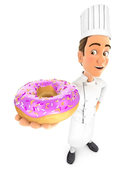 Chefe Segurando Donut Rosa Ilustração Com Fundo Branco Isolado — Fotografia de Stock