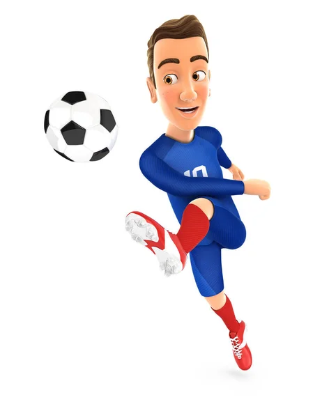 Jugador Fútbol Camiseta Azul Potente Tiro Ilustración Con Fondo Blanco — Foto de Stock