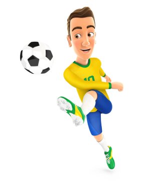 3D futbolcu sarı forma güçlü atış, izole edilmiş beyaz arkaplan çizimi