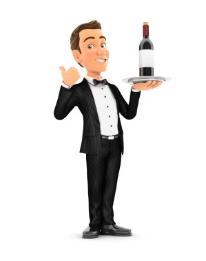 Şarap şişesi ve baş parmağıyla ayakta duran 3D garson, izole beyaz arkaplan resimli.