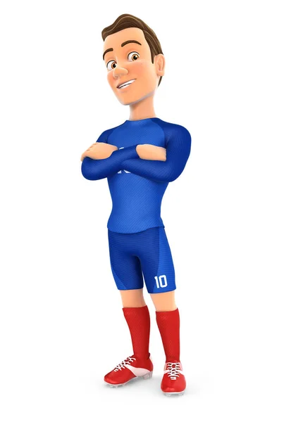 腕を組んで立っている3Dサッカー選手ブルージャージ 孤立した白の背景を持つイラスト — ストック写真