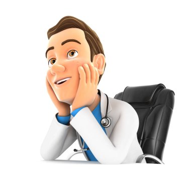 Ofiste hayal gören 3 boyutlu doktor, izole edilmiş beyaz arkaplan çizimi