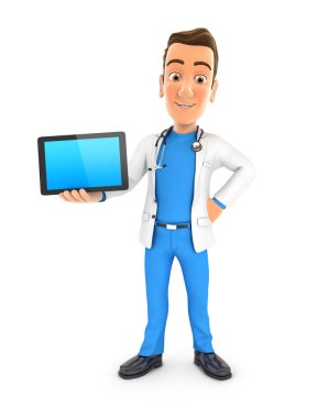 3D doktor elinde tabletle ayakta duruyor, beyaz arka planı olan bir illüstrasyon.