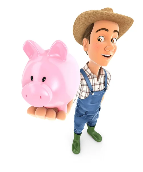 Farmer Standing Holding Piggy Bank Illustration Isolated White Background — Stock Photo, Image