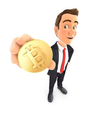 3D iş adamı ayakta ve elinde altın Bitcoin para tutuyordu, izole edilmiş beyaz arkaplan resimli.