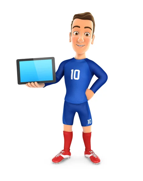 3Dサッカー選手青ジャージーのタブレットで立って 孤立した白の背景とイラスト — ストック写真