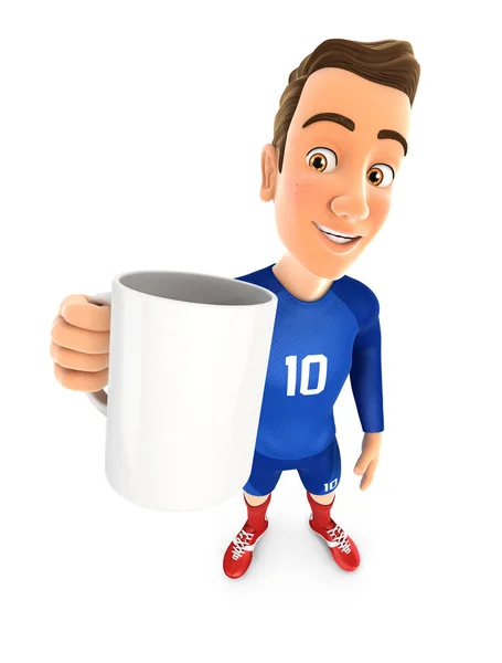 3Dサッカー選手ブルージャージー立ってカップ 孤立した白の背景とイラスト — ストック写真
