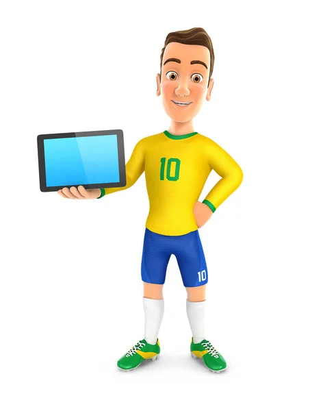 Futbolista Camiseta Amarilla Pie Con Una Tableta Ilustración Con Fondo — Foto de Stock