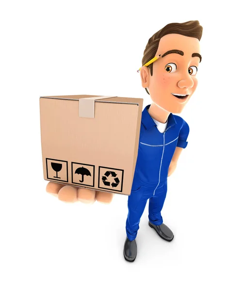 Mechaniker Stehend Und Halteverpackung Illustration Mit Isoliertem Weißem Hintergrund — Stockfoto