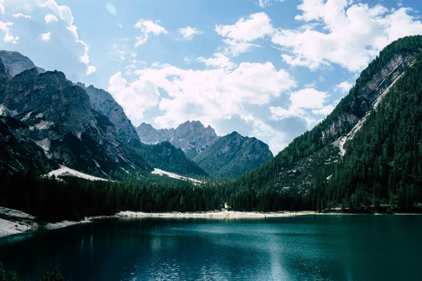 Vista Panorâmica Sobre Braies Lago Itália — Fotografia de Stock