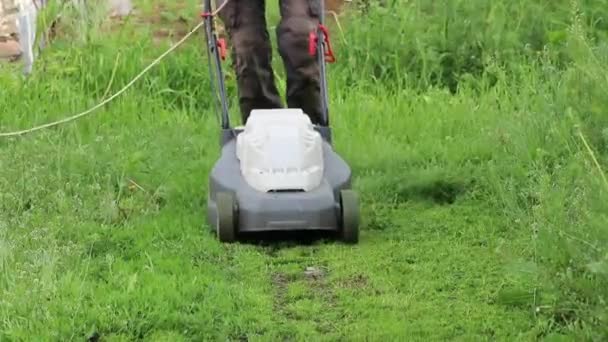 Arbetaren Klipper Gräset Med Gräsklipparen Arbetaren Flyttar Med Gräsklippare Och — Stockvideo