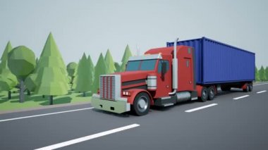 Açık görüş kamerası Amerikan yarı kamyon kargo römork üzerinde yüklü ve otoyolda sürüş 40 ayak konteyner ile takip eder. Düşük poli grafik 4k 60 fps loopable animasyon.