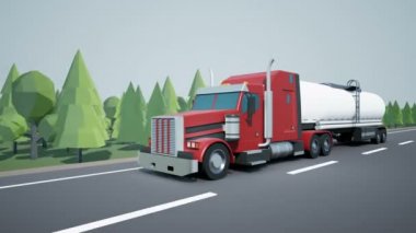 Açık görüş kamerası Amerikan yarı kamyon kargo römork üzerinde benzin veya yağ tankı ve otoyolda sürüş izler. Düşük poli grafik 4k 60 fps loopable animasyon.