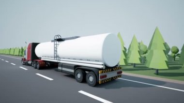 Arka görüş kamerası Amerikan benzin veya petrol tankeri kamyon otoyolda sürüş izler. Düşük poli grafik 4k 60 fps loopable animasyon.