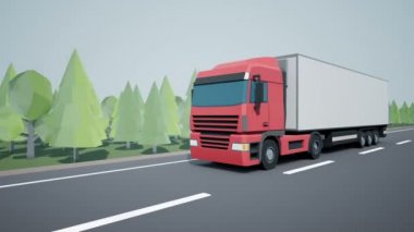 Açık görüş kamerası euro yarı kamyon kargo trailer karayolu üzerinde sürüş ile takip eder. Düşük poli grafik 4k 60 fps loopable animasyon.
