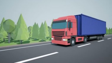 Açık görüş kamerası euro yarı kamyon kargo römork üzerinde yüklü ve otoyolda sürüş 40 ayak konteyner ile takip eder. Düşük poli grafik 4k 60 fps loopable animasyon.