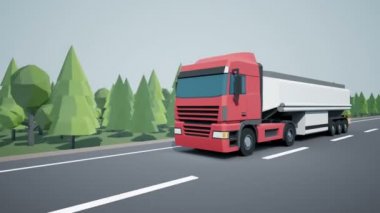 Açık görüş kamerası euro yarı kamyon kargo römork üzerinde benzin veya yağ tankı ve otoyolda sürüş izler. Düşük poli grafik 4k 60 fps loopable animasyon.