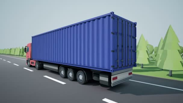 Rückfahrkamera folgt Euro-Sattelschlepper mit 40 Fuß Container beladen auf Ladeanhänger und Fahrt auf Autobahn. Low-Poly-Grafik 4k 60 fps loopable Animation.