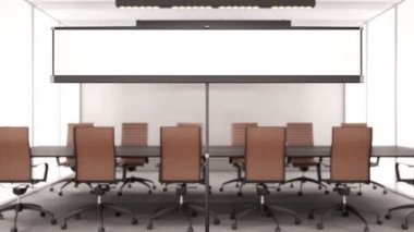 Projeksiyon sinema ekran aşağı açılır ve fotoğraf makinesi ekranına yakınlaştırır. Mevsimlik Office İç Tripod arkasında. Alfa mat ile 60 fps animasyon.