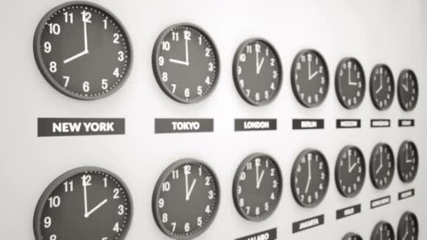 Clocks Show Time Different Cities White Wall Symbol Greenwich Mean — Stock Video