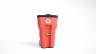 Beyaz arka plan üzerinde izole logosu, geri dönüşüm ile kırmızı plastik çöp kutusu. Kamera slaytlar yakınındaki çöp tenekesi, nesne için zoom. 60 fps animasyon.
