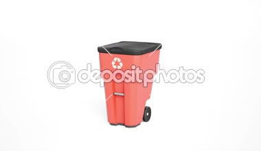 Kırmızı plastik çöp kutusu beyaz zemin üzerine izole Logo, geri dönüşüm ile 360 derece döner. 60 fps animasyon.