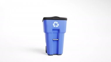 Beyaz arka plan üzerinde izole logosu, geri dönüşüm ile mavi plastik çöp kutusu. Kamera slaytlar yakınındaki çöp tenekesi, nesne için zoom. 60 fps animasyon.