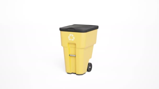 Yellow Plastic Garbage Bin Recycling Logo Isolated White Background Rotates — Stock Video