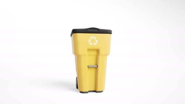 ロゴは 白い背景で隔離のリサイクルと黄色のビニール製のゴミ箱 ゴミ箱近くカメラ スライド オブジェクトにズームします Fps のアニメーション — ストック動画