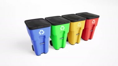 Dört renkli plastik çöp bidonları ile logo geri dönüşüm. Beyaz arka plan üzerinde izole. 60 fps animasyon.