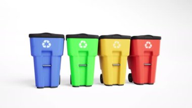 Dört renkli plastik çöp bidonları ile logo geri dönüşüm. animasyon. Kamera slaytlar yakınındaki çöp kutuları, nesne için zoom. 60 fps animasyon.
