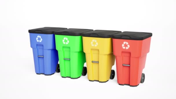 Vier Kleurrijke Plastic Vuilnisbakken Met Recycling Logo Geïsoleerd Een Witte — Stockvideo