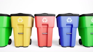 Renkli Plastik Çöp Kovaları içinde bir satır ayarlayın. ? amera atık tankları slaytlar. 60 fps loopable animasyon