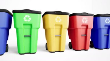 Mavi, yeşil, sarı, kırmızı plastik çöp kovaları içinde bir satır ayarlayın. Atık tankı boyunca kamera slaytlar. 60 fps loopable animasyon