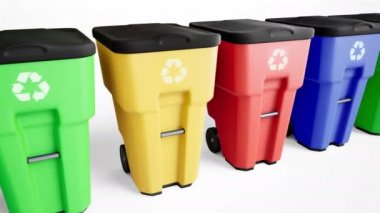 Mavi, yeşil, sarı, kırmızı plastik çöp kovaları içinde bir satır ayarlayın. Atık tankı boyunca kamera slaytlar. 60 fps loopable animasyon
