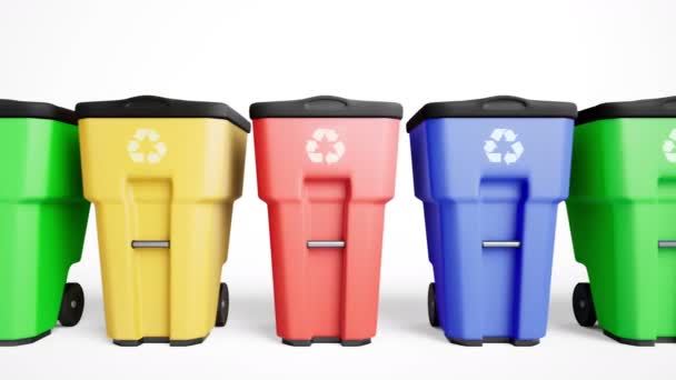 Farbige Plastikmülltonnen Einer Reihe Aufgestellt Kamera Rutscht Abfallbehältern Entlang Fps — Stockvideo