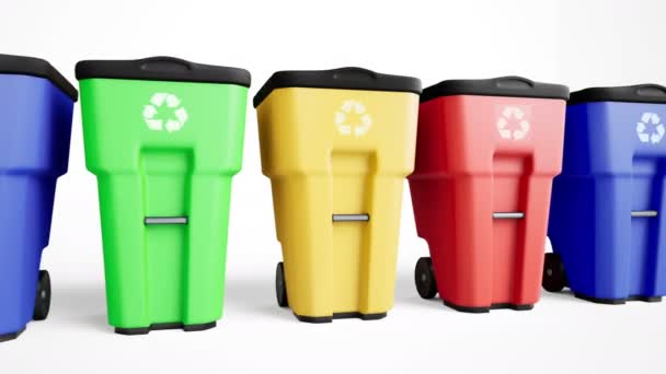 Azul Verde Amarelo Caixas Lixo Plástico Vermelho Definido Uma Fileira — Vídeo de Stock