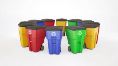Birçok plastik çöp bidonları logo geri dönüşüm ile renk. Beyaz arka planda yuvarlağına rest çekti, izole. 60 fps sonsuz döngü animasyon.