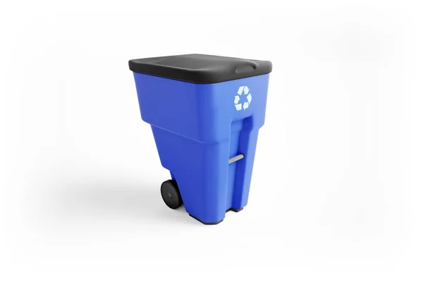 Голубой Пластиковый Мусорный Бак Логотипом Переработки Изолированные Белом Фоне — стоковое фото