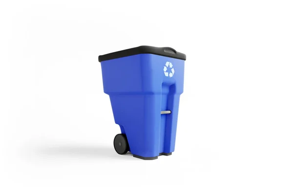 Pattumiera Plastica Blu Con Logo Riciclaggio Isolata Sfondo Bianco — Foto Stock