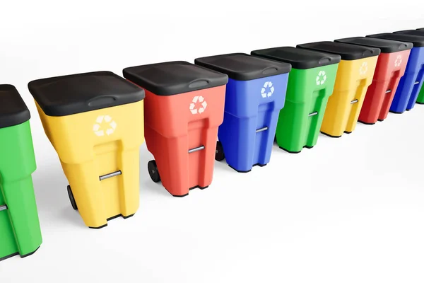 Caixotes Lixo Plástico Coloridos Colocados Uma Fileira Fundo Branco — Fotografia de Stock