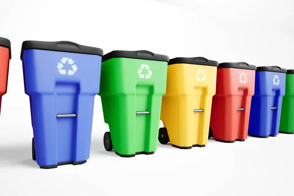 Renkli Plastik Çöp Kovaları içinde bir satır ayarlayın. Beyaz arka plan