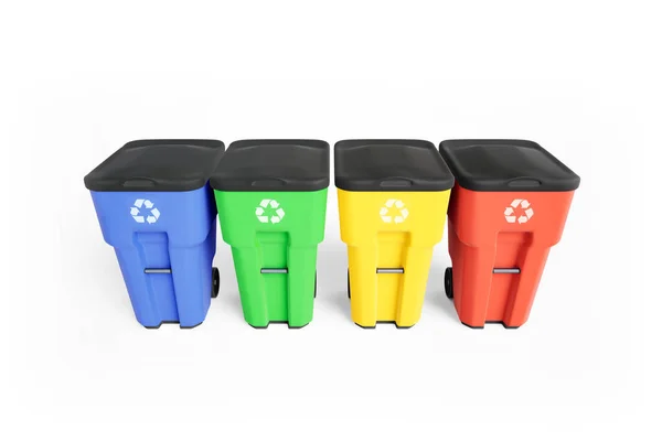 Geri dönüşüm logosu, satırın üstüne bahis ile dört Derma plastik çöp bidonları. Beyaz arka plan üzerinde izole