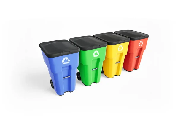 Geri dönüşüm logosu, satırın üstüne bahis ile dört Derma plastik çöp bidonları. Beyaz arka plan üzerinde izole