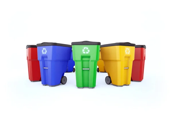 Many Color Plastic Garbage Bins Recycling Logo Isolated White Background — Stock Photo, Image