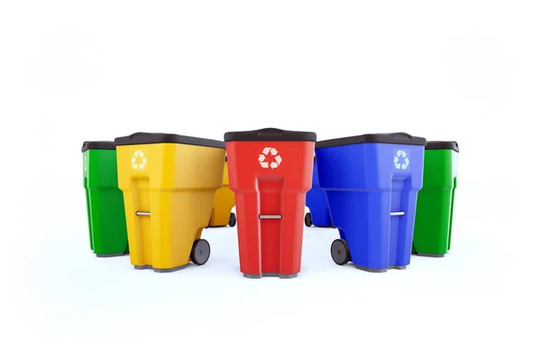 Многие Цветные Пластиковые Мусорные Баки Логотипом Переработки Изолированный Белом Фоне — стоковое фото